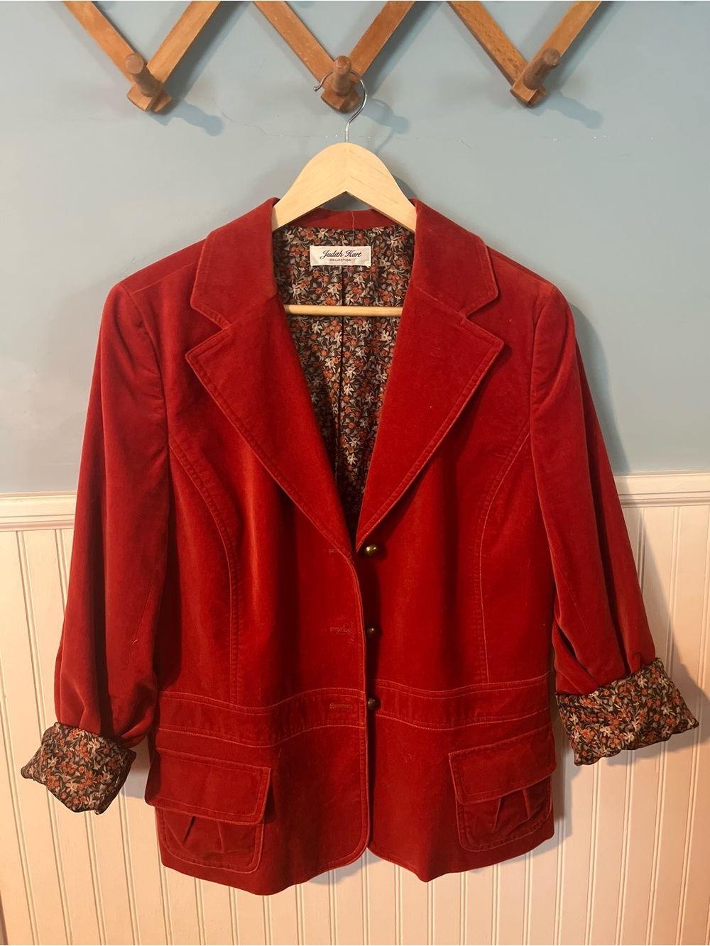 Vintage-Inspired Red Velvet Blazer Jacket - Floral Lined Judith Hart